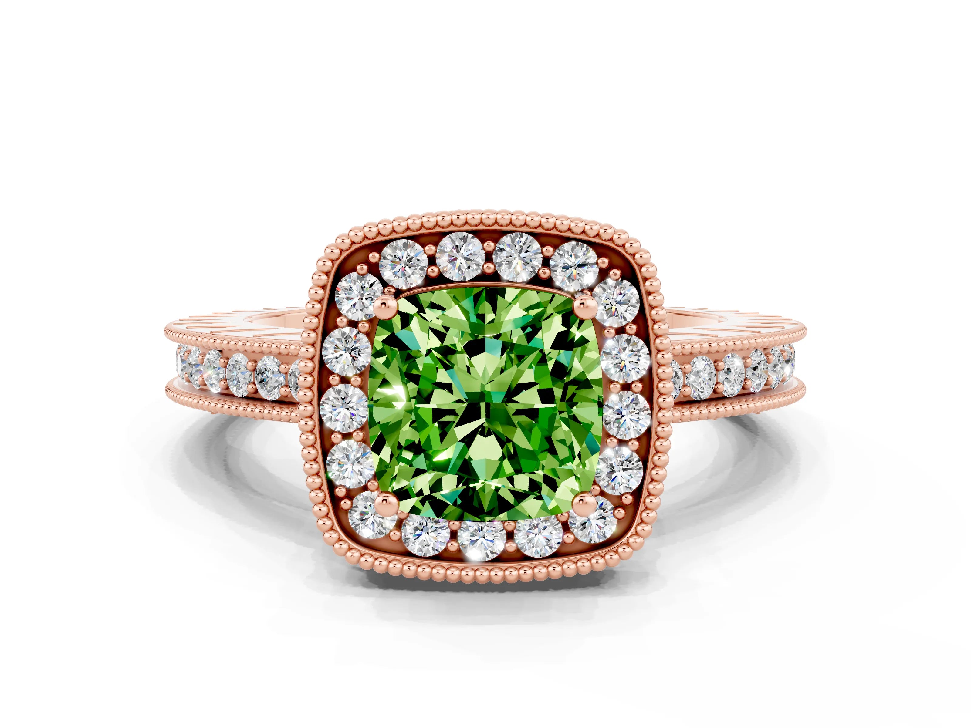 Rose gold Cushion Cut Halo Diamond Engagement Ring with Milgrain Pave Band and Four-Prong Setting