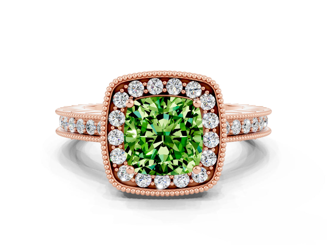 Rose gold Cushion Cut Halo Diamond Engagement Ring with Milgrain Pave Band and Four-Prong Setting