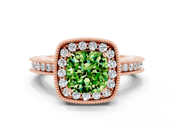 Rose gold Cushion Cut Halo Diamond Engagement Ring with Milgrain Pave Band and Four-Prong Setting