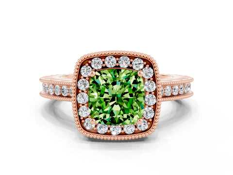 Rose gold Cushion Cut Halo Diamond Engagement Ring with Milgrain Pave Band and Four-Prong Setting