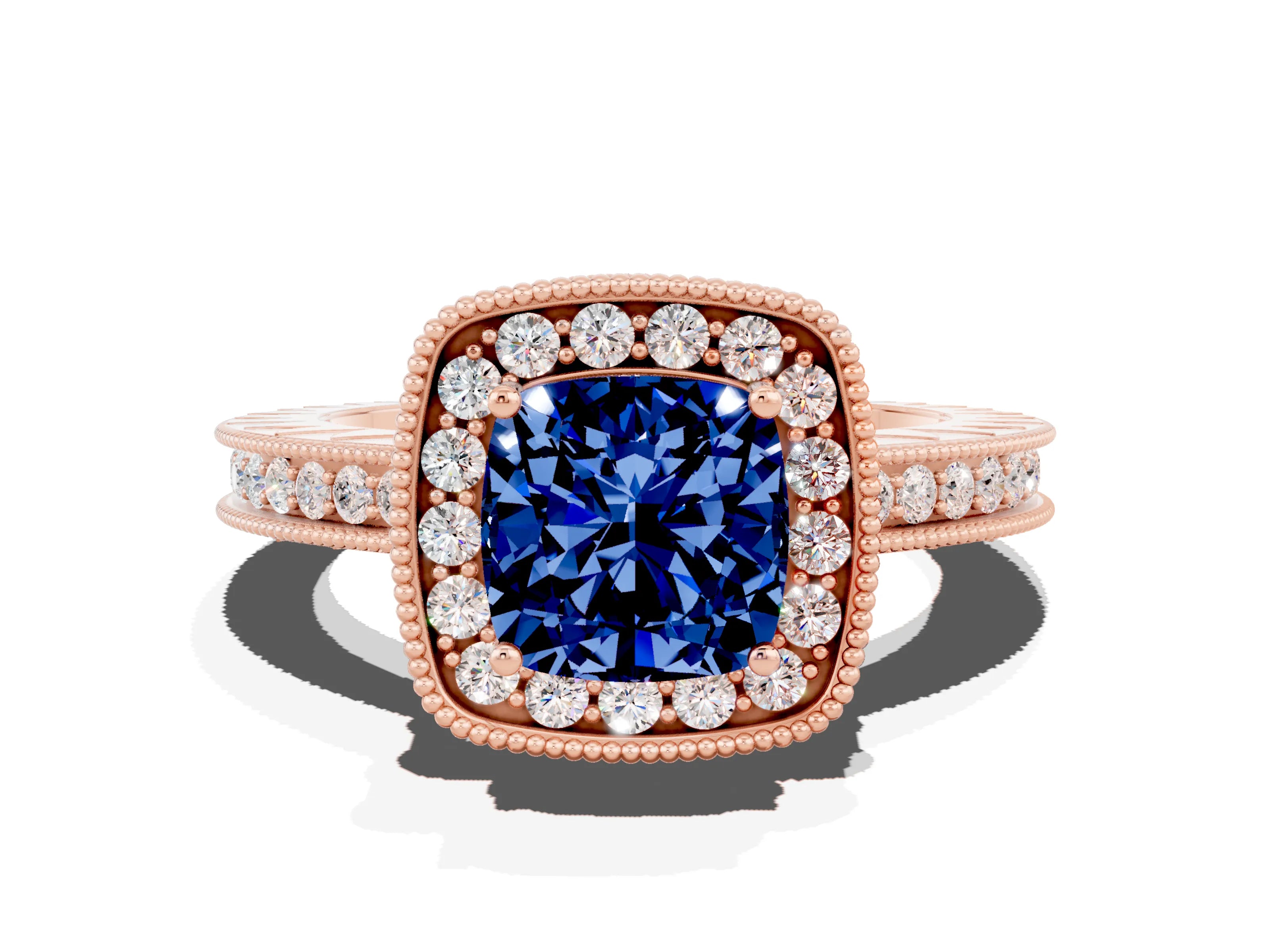 Rose gold Cushion Cut Halo Diamond Engagement Ring with Milgrain Pave Band and Four-Prong Setting