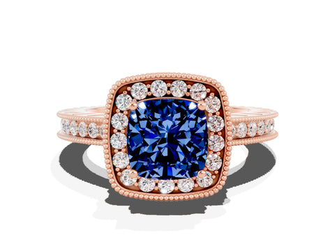 Rose gold Cushion Cut Halo Diamond Engagement Ring with Milgrain Pave Band and Four-Prong Setting