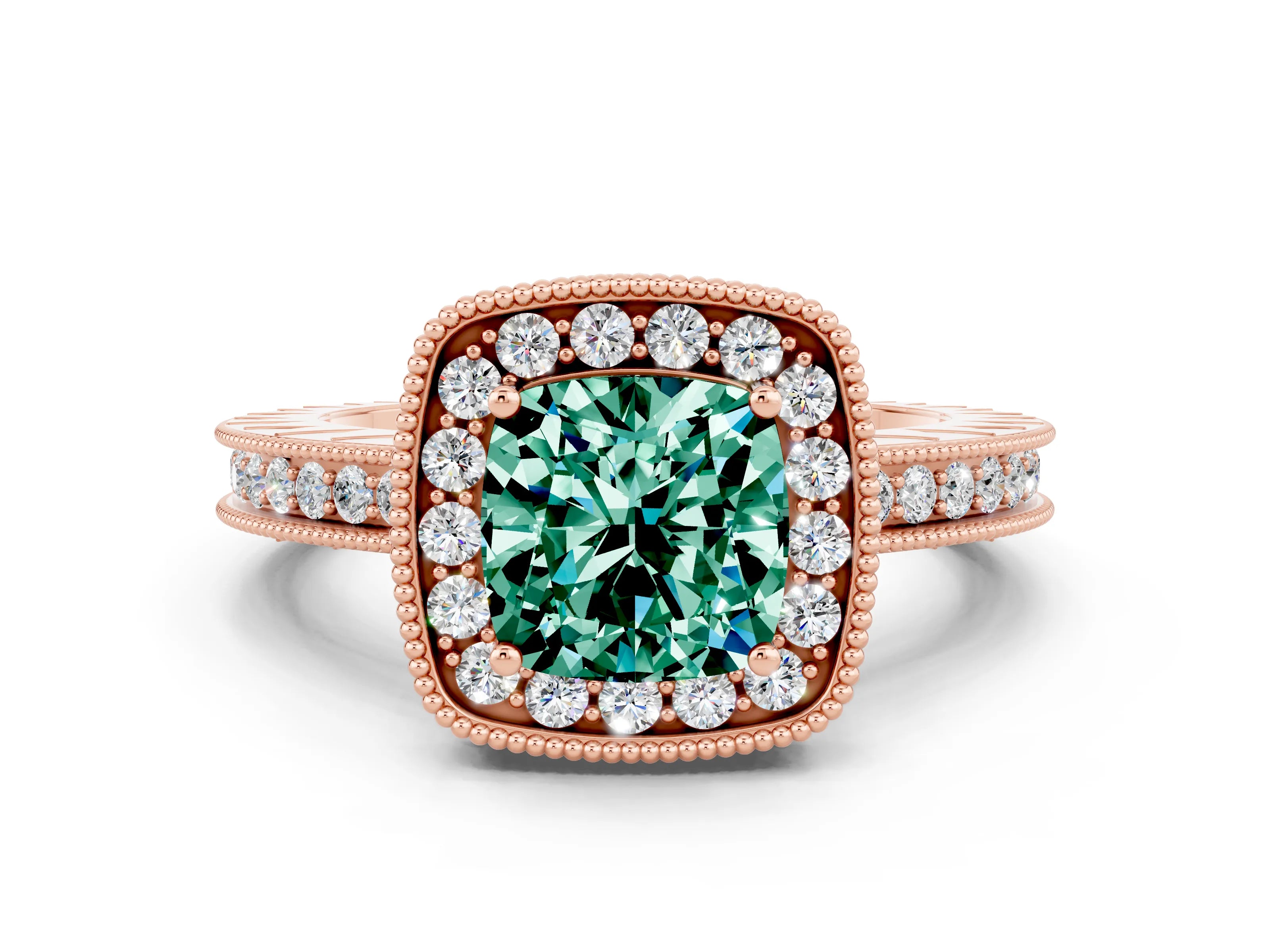 Rose gold Cushion Cut Halo Diamond Engagement Ring with Milgrain Pave Band and Four-Prong Setting