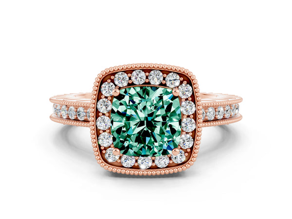 Rose gold Cushion Cut Halo Diamond Engagement Ring with Milgrain Pave Band and Four-Prong Setting