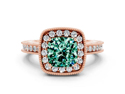 Rose gold Cushion Cut Halo Diamond Engagement Ring with Milgrain Pave Band and Four-Prong Setting