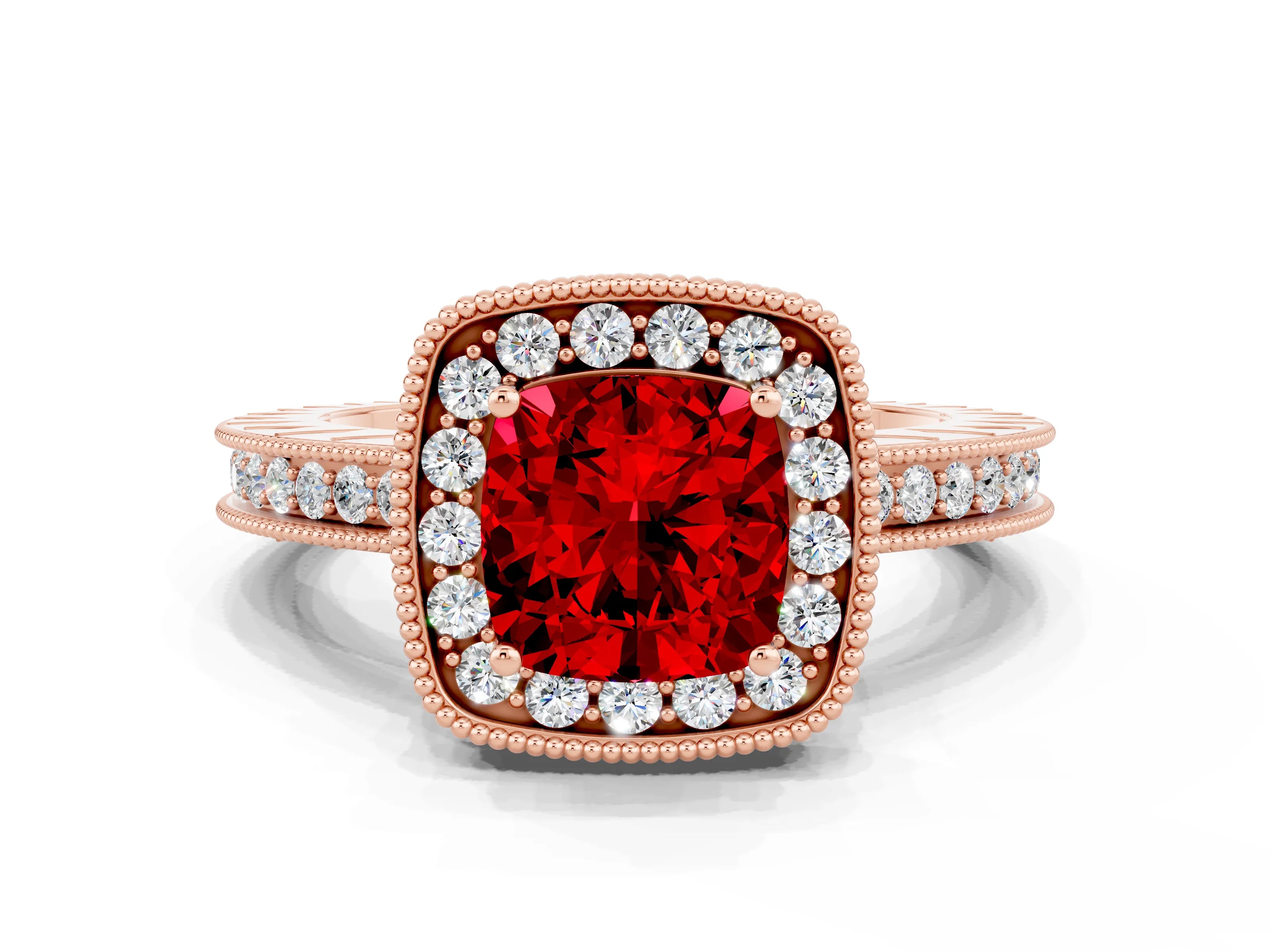 Rose gold Cushion Cut Halo Diamond Engagement Ring with Milgrain Pave Band and Four-Prong Setting