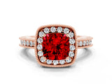 Rose gold Cushion Cut Halo Diamond Engagement Ring with Milgrain Pave Band and Four-Prong Setting