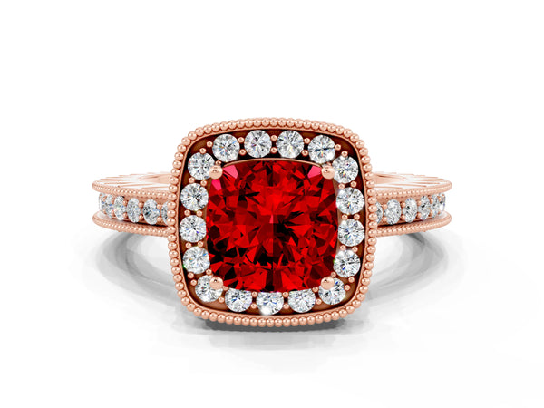 Rose gold Cushion Cut Halo Diamond Engagement Ring with Milgrain Pave Band and Four-Prong Setting