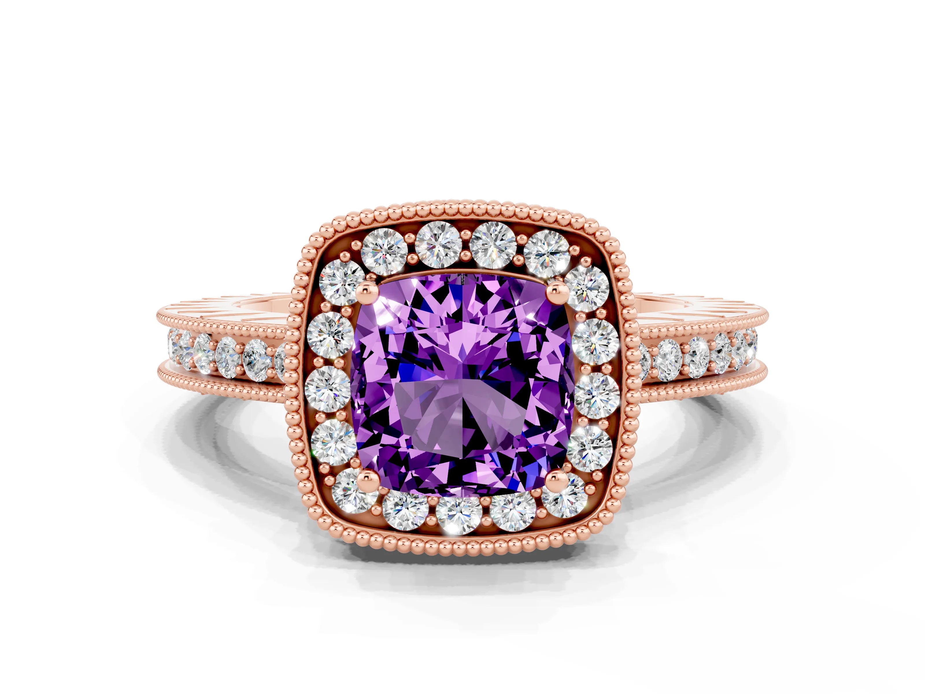 Rose gold Cushion Cut Halo Diamond Engagement Ring with Milgrain Pave Band and Four-Prong Setting