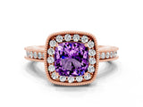 Rose gold Cushion Cut Halo Diamond Engagement Ring with Milgrain Pave Band and Four-Prong Setting