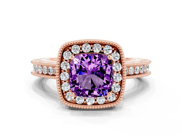 Rose gold Cushion Cut Amethyst Milgrain Halo Engagement Ring with Round Pavé Band and Prong Setting