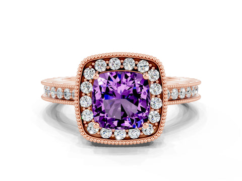 Rose gold Cushion Cut Halo Diamond Engagement Ring with Milgrain Pave Band and Four-Prong Setting