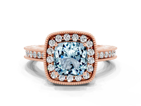 Rose gold Cushion Cut Halo Diamond Engagement Ring with Milgrain Pave Band and Four-Prong Setting