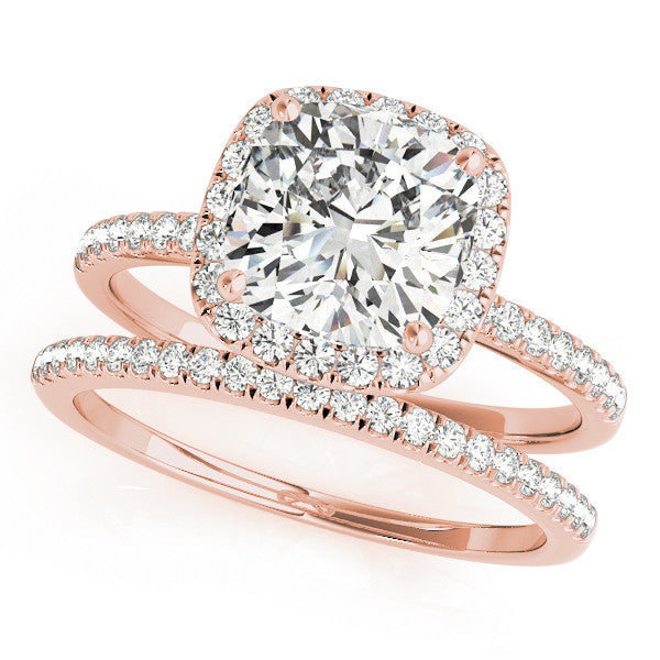 Rose gold Cushion Cut Halo Diamond Engagement Ring with Pave Band and Four-Prong Setting 1