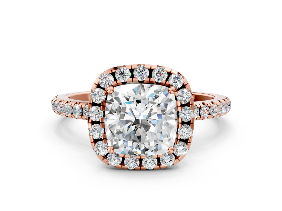 Rose gold Cushion Cut Halo Diamond Engagement Ring with Pave Band and Four-Prong Setting_23