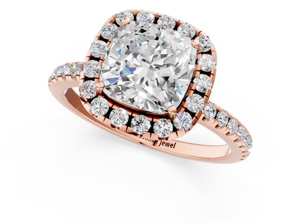 Rose gold Cushion Cut Diamond Floral Halo Engagement Ring with Pavé Band and Prong Setting