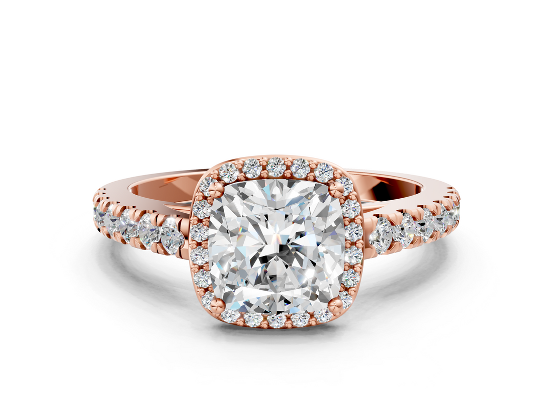 Rose gold Cushion Cut Halo Diamond Engagement Ring with Pave Band and Four-Prong Setting_41