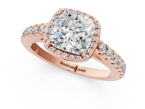 Rose gold Cushion Cut Halo Diamond Engagement Ring with Pave Band and Four-Prong Setting