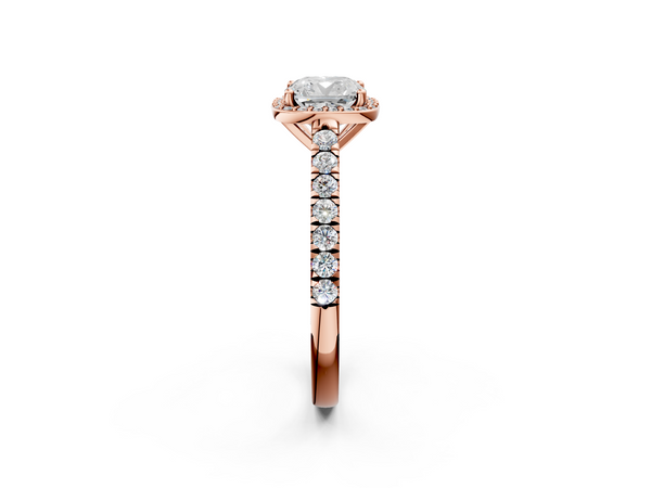 Rose gold Cushion Cut Halo Diamond Engagement Ring with Pave Band and Four-Prong Setting