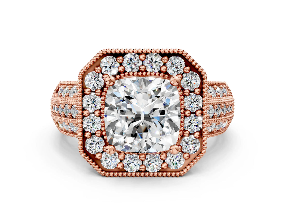 Rose gold Cushion Cut Halo Diamond Engagement Ring with Pave Split Shank and Four-Prong Setting_3