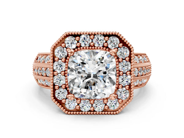 Rose gold Cushion Cut Halo Diamond Engagement Ring with Pave Split Shank and Four-Prong Setting