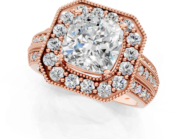 Rose gold Cushion Cut Halo Diamond Engagement Ring with Pave Split Shank and Four-Prong Setting