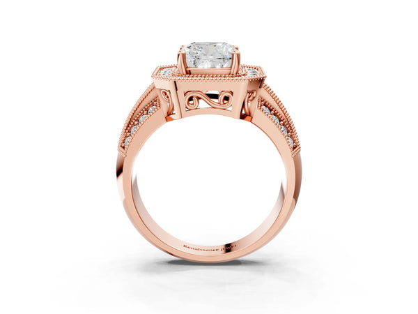 Rose gold Cushion Cut Halo Diamond Engagement Ring with Pave Split Shank and Four-Prong Setting