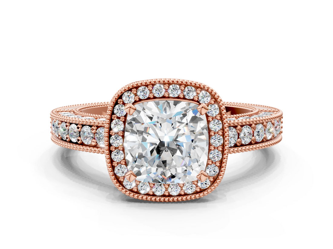 Rose gold Cushion Cut Halo Diamond Pave Band Ring with Four-Prong Setting_61