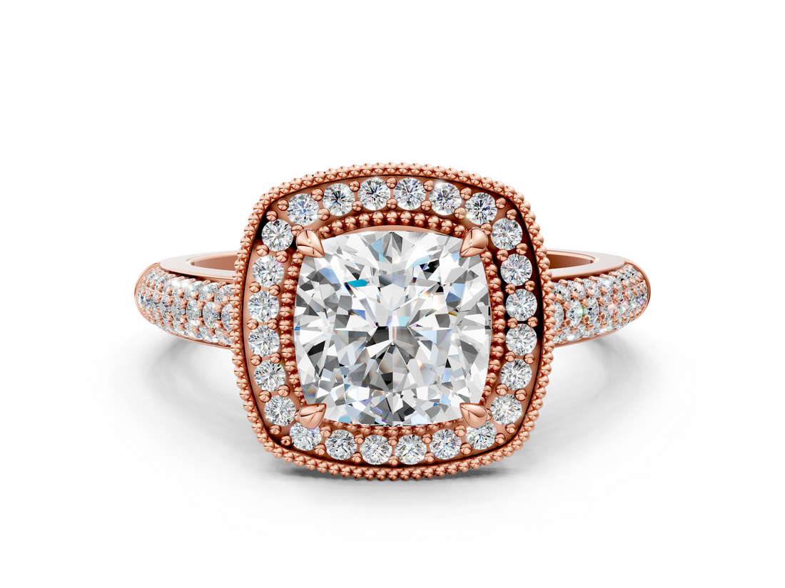 Rose gold Cushion Cut Halo Diamond Pave Band with Four-Prong Setting_51