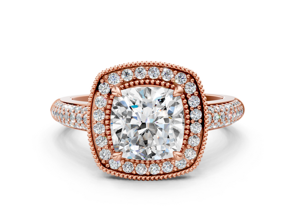 Rose gold Cushion Cut Halo Diamond Pave Band with Four-Prong Setting