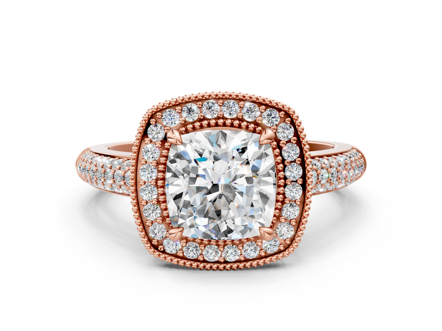 Rose gold Cushion Cut Halo Diamond Pave Band with Four-Prong Setting