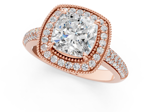 Rose gold Cushion Cut Halo Diamond Pave Band with Four-Prong Setting