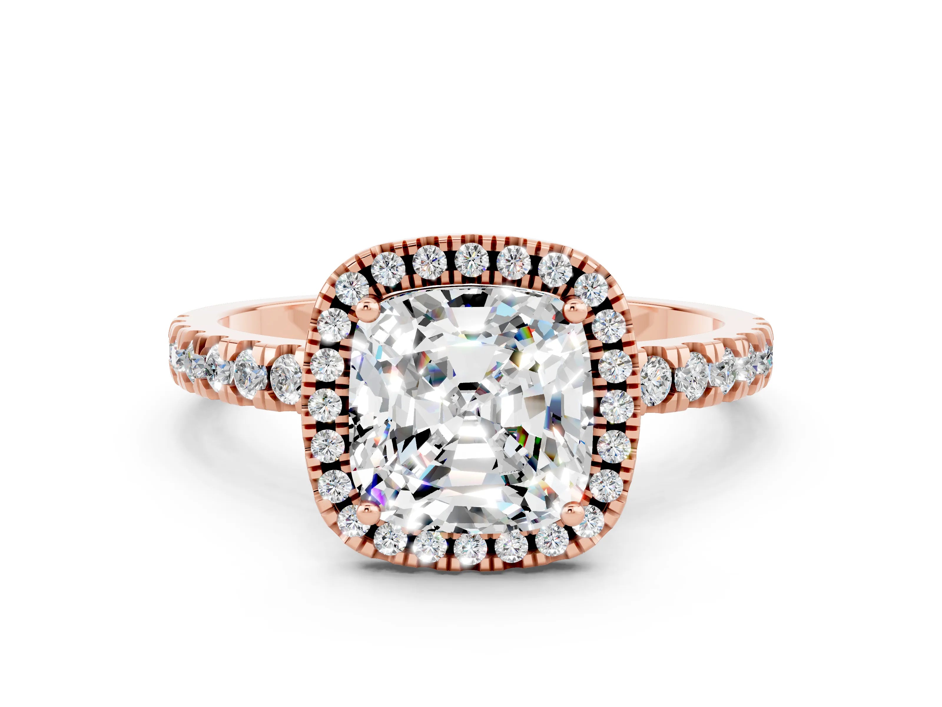 Rose gold Cushion Cut Halo Diamond Pave Band with Prong Setting