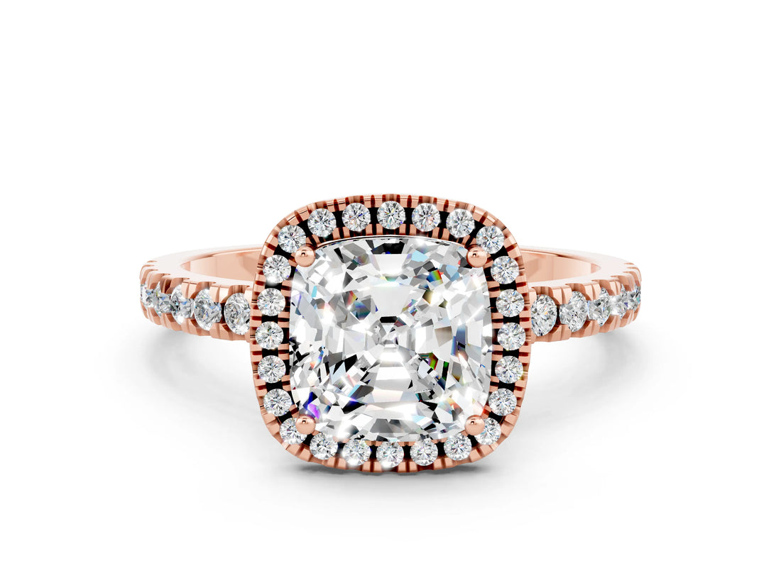 Rose gold Cushion Cut Halo Diamond Pave Band with Prong Setting