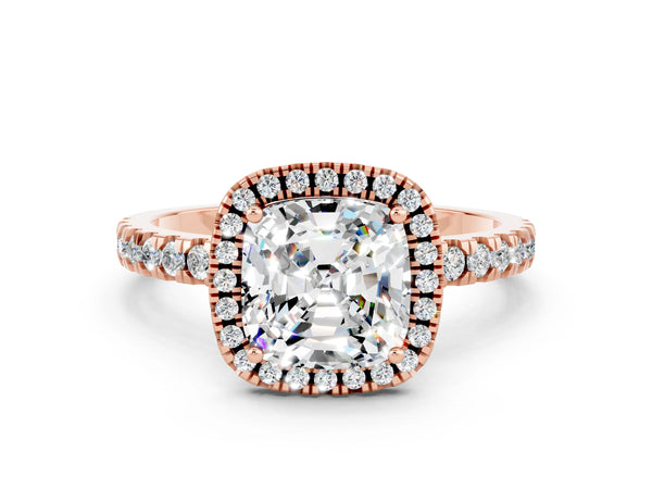 Rose gold Cushion Cut Moissanite Classic Halo Engagement Ring with Round Pavé Band and Prong Setting
