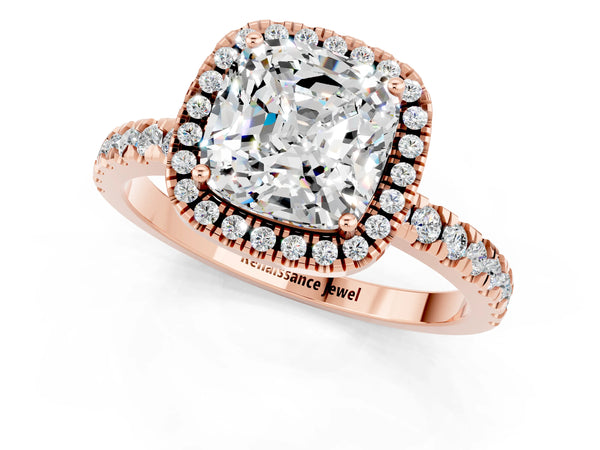 Rose gold Cushion Cut Moissanite Classic Halo Engagement Ring with Round Pavé Band and Prong Setting