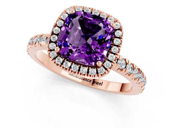 Rose gold Cushion Cut Amethyst Classic Halo Engagement Ring with Round Pavé Band and Prong Setting