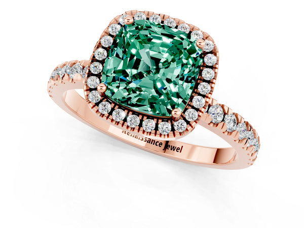 Rose gold Cushion Cut Green Sapphire Classic Halo Engagement Ring with Round Pavé Band and Prong Setting