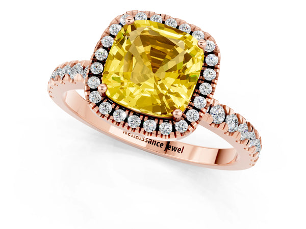 Rose gold Cushion Cut Yellow Sapphire Classic Halo Engagement Ring with Round Pavé Band and Prong Setting