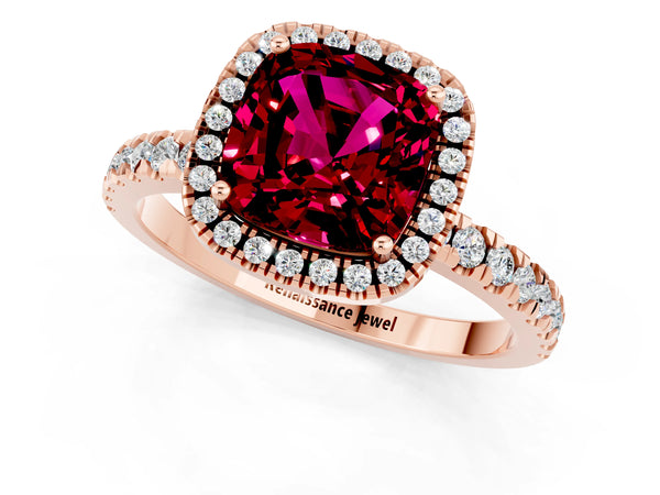 Rose gold Cushion Cut Garnet Classic Halo Engagement Ring with Round Pavé Band and Prong Setting