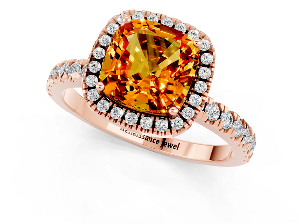 Rose gold Cushion Cut Citrine Classic Halo Engagement Ring with Round Pavé Band and Prong Setting