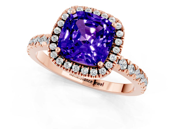 Rose gold Cushion Cut Tanzanite Classic Halo Engagement Ring with Round Pavé Band and Prong Setting