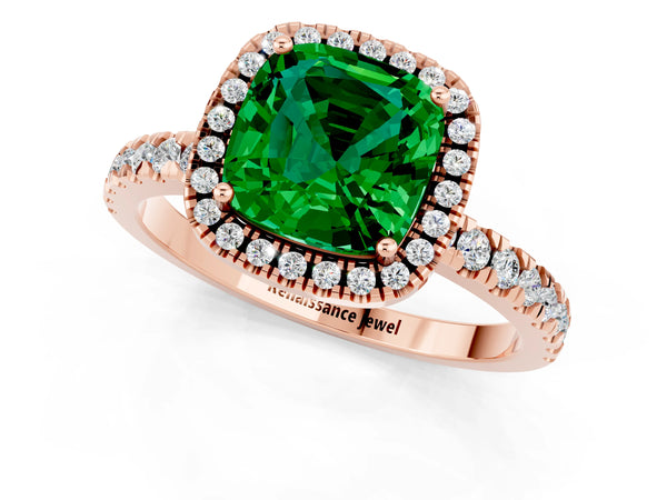 Rose gold Cushion Cut Emerald Classic Halo Engagement Ring with Round Pavé Band and Prong Setting