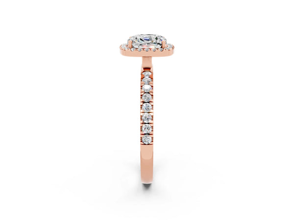 Rose gold Cushion Cut Moissanite Classic Halo Engagement Ring with Round Pavé Band and Prong Setting
