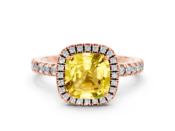 Rose gold Cushion Cut Yellow Sapphire Classic Halo Engagement Ring with Round Pavé Band and Prong Setting
