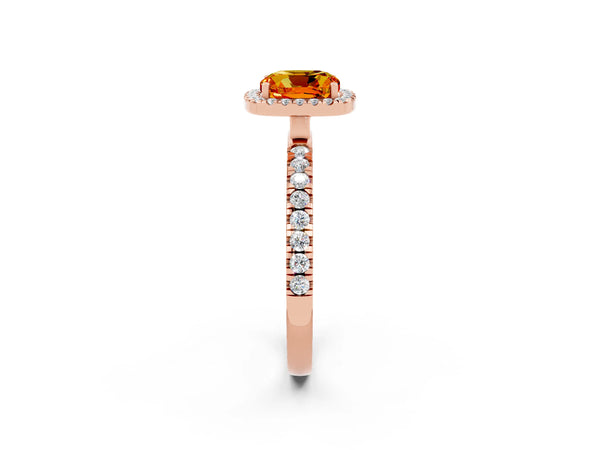 Rose gold Cushion Cut Citrine Classic Halo Engagement Ring with Round Pavé Band and Prong Setting