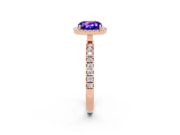 Rose gold Cushion Cut Tanzanite Classic Halo Engagement Ring with Round Pavé Band and Prong Setting