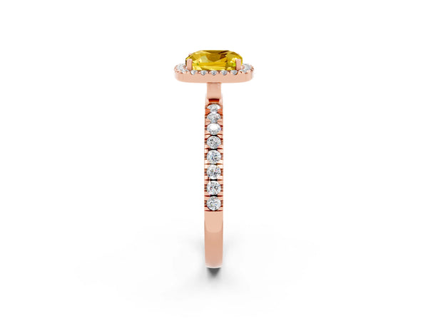 Rose gold Cushion Cut Yellow Sapphire Classic Halo Engagement Ring with Round Pavé Band and Prong Setting