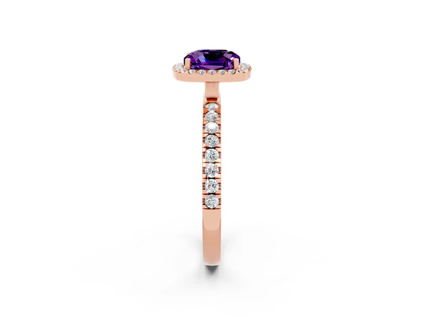 Rose gold Cushion Cut Amethyst Classic Halo Engagement Ring with Round Pavé Band and Prong Setting
