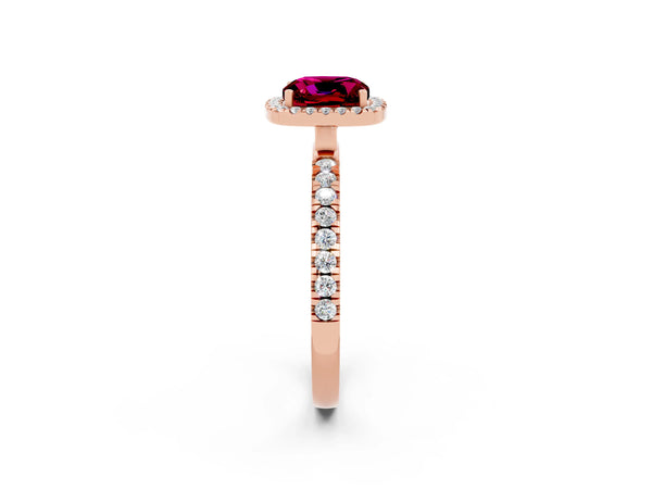 Rose gold Cushion Cut Garnet Classic Halo Engagement Ring with Round Pavé Band and Prong Setting